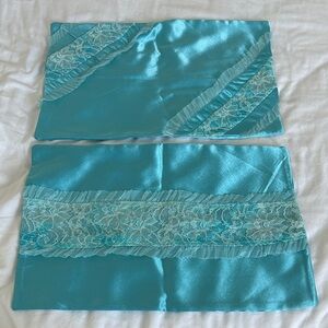 Elegant Teal/Baby Blue Satin Pillowcases with Floral Lace Embellishments & Trim